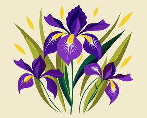 Elegant Purple Iris Illustration with Yellow Accents in Modern Botanical Design