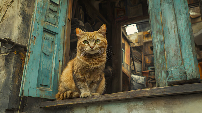 A ginger cat sits on a weathered windowsill of an old building, gazing intently at the viewer.