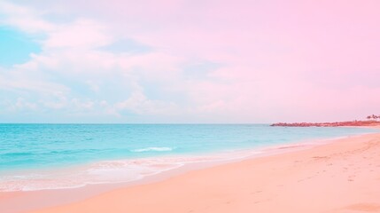 Fototapeta premium Beautiful Beach with Sea Waves and Colorful Sunset Sky, Panoramic Seascape, Tranquil, Nature, Vacation, Pastel Colors, Relaxation