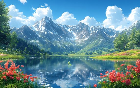 Scenic Alpine Lake with Blossoming Flowers