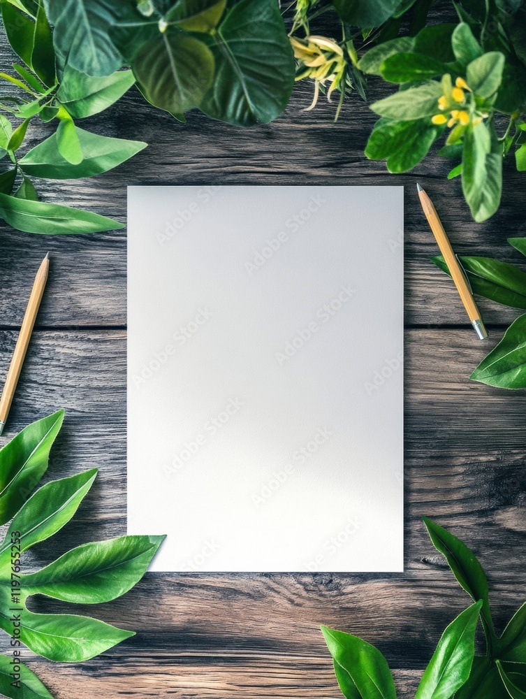 Leinwandbilder creative workspace with blank paper and greenery ready for ideas and plans in a serene environment. 