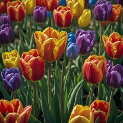 Fototapeta premium Close-up of a rainbow-colored tulip garden.