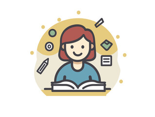 Fototapeta premium Cheerful young girl studying with a book and stationery in a bright learning environment 