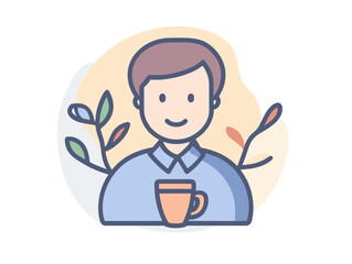 Smiling young man holding a cup in a serene setting with plants around him
