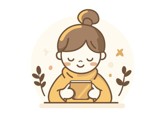 Content young woman enjoying reading on a tablet surrounded by soft colors and leaves