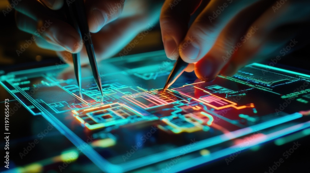 Poster a closeup of a technicians hands using tweezers to place a microchip onto a larger assembly with an 