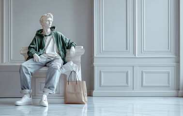 Roman Statue Shopping Concept in Casual Clothing