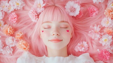 Fototapeta premium A whimsical woman with vibrant pink hair adorned in a delicate pink flower crown radiates romance and enchantment, perfect for a Valentine's Day celebration.