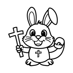 Easter bunny holding a cross sign, doodle style icon