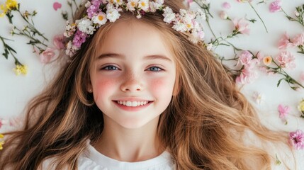 Fototapeta premium A serene girl adorned with a flower crown rests gracefully on a vibrant bed of blossoms, embodying the essence of love and beauty this Valentine's Day.