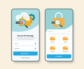 Secure file storage app screen design with security and safety folder representative illustrations