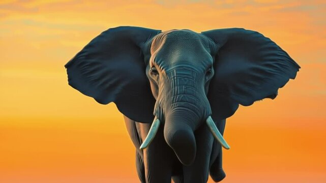 An elephant with hig ears walking  in sun set.