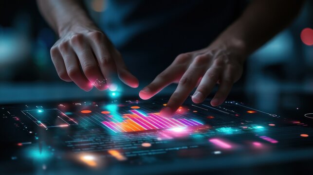 Interactive Futuristic Data Visualization on a Sleek Touchscreen Interface - Powered by Adobe