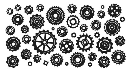 Mechanical gears and cogwheels icon set. Setting symbol. Isolated black and white silhouette