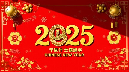 Naklejka premium Elegant Chinese New Year 2025 Celebration – Year of the Snake in Luxurious Red and Gold Design, New Lunar Year 2025