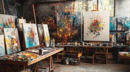 Artist&rsquo;s studio with paint splatters and blurred brushes evoking creativity