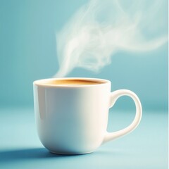 Steaming hot coffee in a white mug on a blue background. (1)
