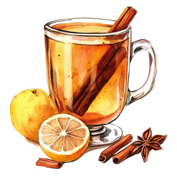 watercolor spiced tea with lemon and cinnamon clip art preview