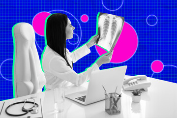 Creative sketch collage of serious doctor radiologist hold x-ray scan chest examination sit clinic...