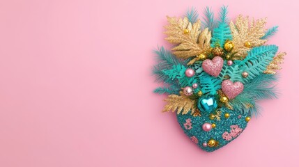 A stunning heart-shaped decoration glimmers with golden and blue accents, embodying love and elegance for a perfect Valentine's Day celebration.