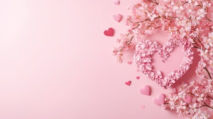 Fototapeta premium A whimsical array of pink flowers and hearts dances across a soft pink background, creating a dreamy canvas perfect for celebrating love's essence.