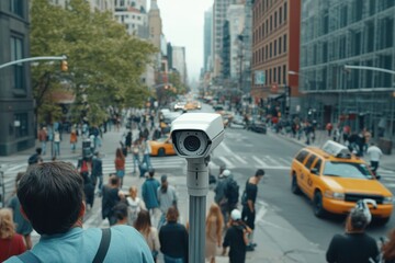 Crowd observation at a busy urban intersection with surveillance camera monitoring activity