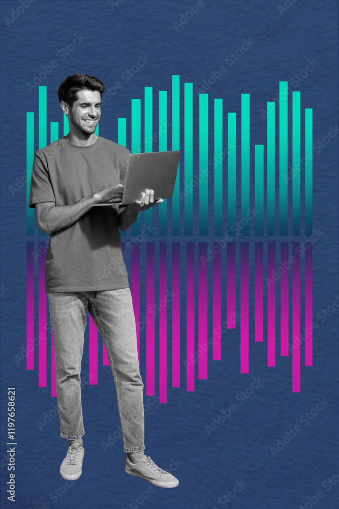 Poster composite sketch image design trend artwork collage of young guy stand hold laptop device technology