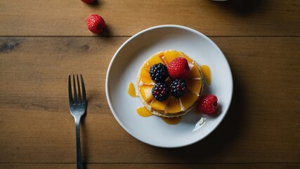 A plate of golden pancakes topped with fresh raspberries, blackberries, and maple syrup, served on a wooden table with a fork.  
