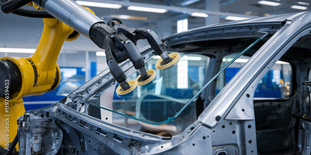Aufkleber robotic arm installing car windshield. a high-tech robotic arm meticulously installs a car window on