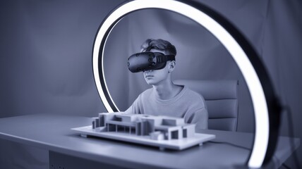 Naklejka premium Architecture student immersed in VR architectural model in studio htmlentities