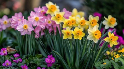 Obraz premium Vibrant Spring Garden with Pink and Yellow Daffodils
