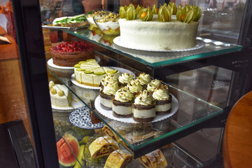Different types of cakes in a cafe