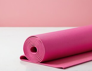 A rolled pink yoga mat on a smooth surface with a soft pink background, perfect for a calming workout.