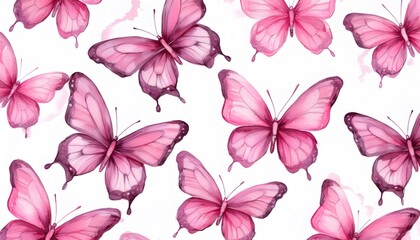 Fototapeta premium Watercolor seamless pattern with pink butterflies flying on white background is suitable for fabric, wrapping paper, wallpaper and other design projects