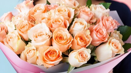 A woman stands gracefully, clutching a vibrant bouquet of roses, embodying love and beauty, perfect for the romantic spirit of Valentine's Day.