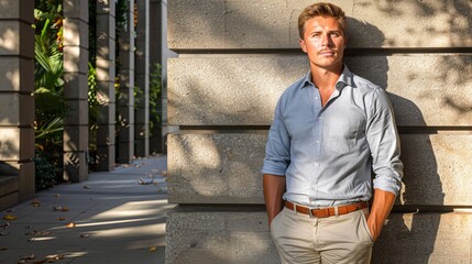 Confident and sophisticated man in light attire showcases casual elegance against neutral background