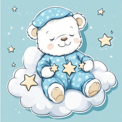 Sleepy teddy bear on a cloud, starlit night, sweet dreams, baby card