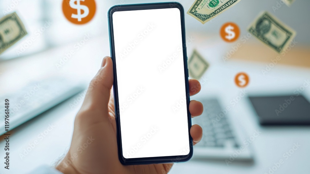 Poster close-up of a hand holding a smartphone with dollar bills floating around, representing financial su