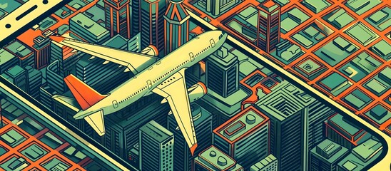 Airplane flying above cityscape, urban travel, transportation