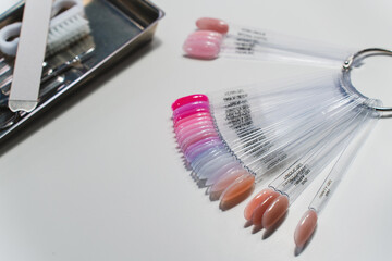 Close-up of a gel nail color palette featuring a variety of shades,