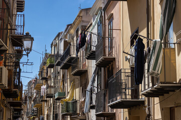 Houses with balconies, Cefalu, Sicily, Italy