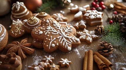 Festive iced cookies, spices, and pine on wood.