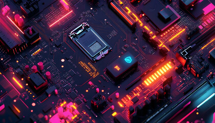 Fototapeta premium Cybersecurity concept with a motherboard closeup, safety lock, and verified credentials in a banner design -