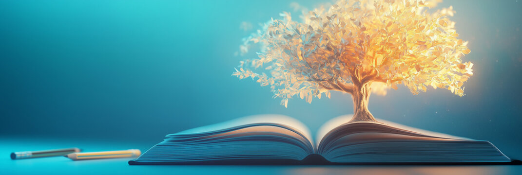 Golden tree emerging from open book with pencils on blue background