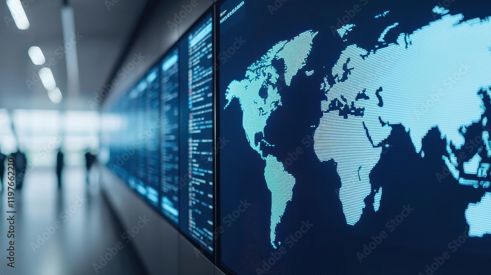 Poster global economic conference displaying interactive world map on digital screens in modern office envi
