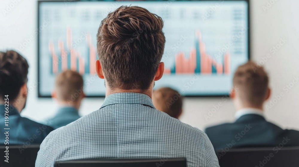 Poster group of investors engaged in live stock market analysis session with graphs displayed on screen ind