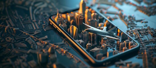 Airplane and miniature 3D cityscape on smartphone screen, futuristic travel, modern technology