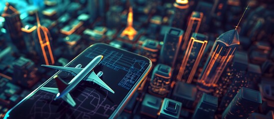 Airplane model on smartphone with city blueprint, urban travel technology