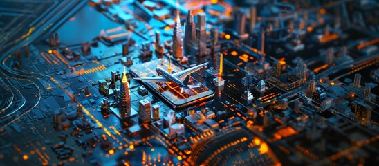 Airplane landing on smartphone with glowing Miniature digital cityscape, futuristic travel, technology vision