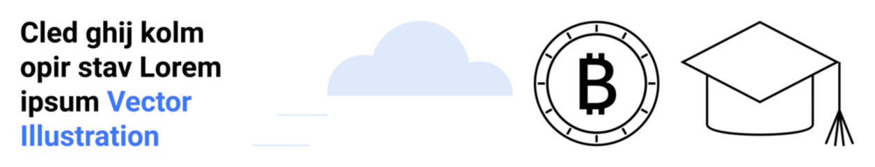 Text block, cloud shape, Bitcoin symbol inside circular frame, graduation cap. Ideal for modern education, finance, cryptocurrency, cloud computing, e-learning, technology, digital currency. Landing